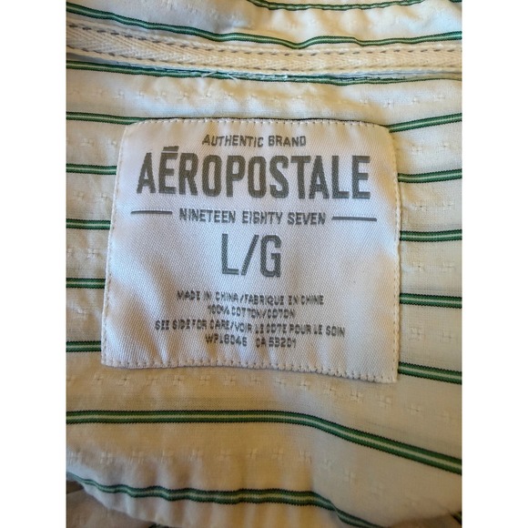 Aeropostale Mens L G Long Sleeve Button Up Shirt Green Stripe Pocket Casual - Picture 4 of 4